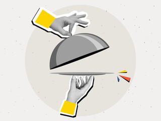 Naklejka na ściany i meble Black and white hands remove the lid from an empty plate - restaurant serving of dish with cloche. Modern collage style. Vector illustration