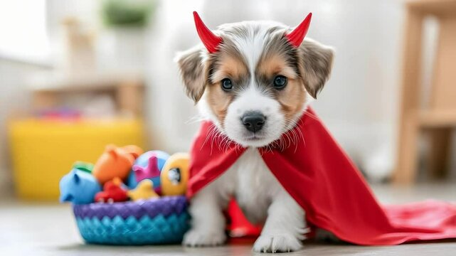 A cute puppy wearing a red cape and devil horns, sitting next to a basket of colorful toys.