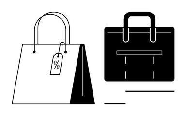 Shopping bag with discount tag and structured briefcase symbolize retail, commerce, and organization. Ideal for e-commerce, sales, business, professionalism, shopping marketing and simplicity. A