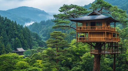 Wooden treehouse nestled amidst lush green forests.