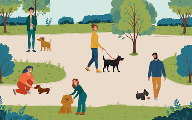 Fototapeta premium People happily interact with dogs on a sunny day in a park setting. The illustration shows individuals walking, playing, and enjoying leisure time with their pets surrounded by greenery.