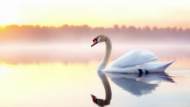 A serene swan gliding on calm water at sunrise, surrounded by misty scenery and soft pastel colors.