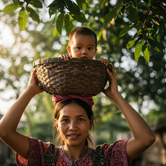 Mother Carrying Baby in Woven Basket A Powerful Portrait