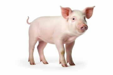 Adorable healthy pink piglet standing on white background with soft shadow