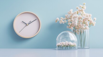 **A relaxing decor table corner with a round soft-hued wall clock and mini flowers arranged elegantly in a transparent dome