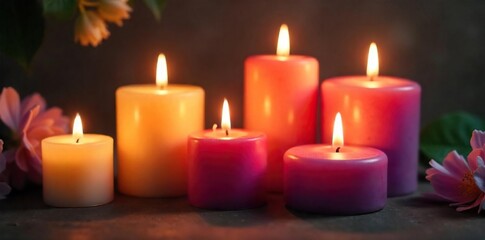 Serene Burning Candles Close-Up of Varied Sizes and Colors Creating a Relaxing Atmosphere, Ideal for Spa, Meditation, and Stress Relief Imagery