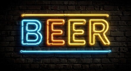 Neon Beer. Bright Signboard for Bars, Clubs, and Cafes with Beer Logo and Vintage Vibes