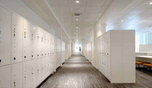 Bright office hallway with white lockers