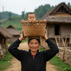 Vietnamese Village Life Grandmother Carrying Baby in Woven Basket