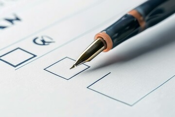 Elegant fountain pen checking boxes on a checklist document, representing tasks, choices, or survey completion