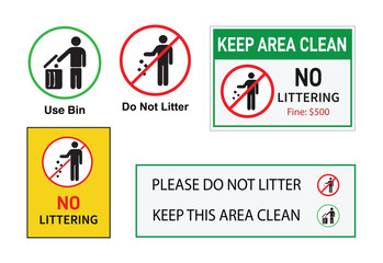 No Littering Signs Set – Circular, Triangular, Rectangle, Banner & Prohibition Symbols – Global Anti-Litter Vector Bundle