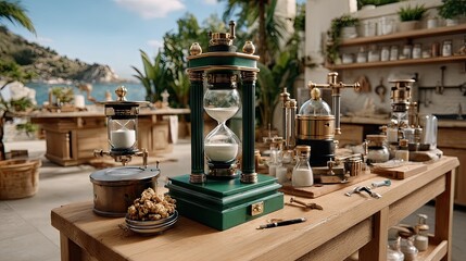 Vintage kitchen outdoors with sea view