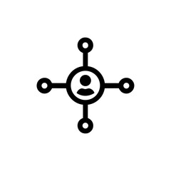 Minimalist vector icon of a central person connected to four nodes, symbolizing social networking, influence, or personal connection in a digital space.

