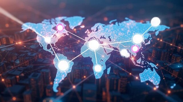 Abstract Digital World Map Global Network Connectivity Technology Data Transfer AI City Lights