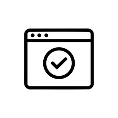 Minimalist vector icon of a verified job portal window, featuring a browser frame and check mark to indicate trusted platform.