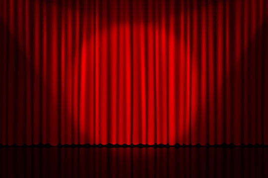 Theatre stage with red curtains and spotlight beam background. Vector