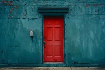 Red door standing out against a teal wall, adding a pop of color to an urban setting
