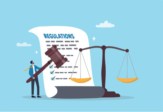 Regulations, law or rules, authority, legislation or government lawsuit, legal document justice or courthouse, verdict or punishment concept, businessman hold gavel with scale and regulation document
