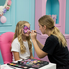 Professional Face Painter Applying Butterfly Design on Young Girls Face