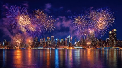 New York New Years. Colorful Fireworks Illuminating City Landscape as New Year's Eve Celebration over Manhattan Skyline