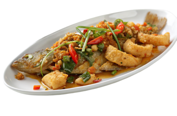 Delicious thai fish dish with crispy texture garnished with herbs and chili sauce on white plate
