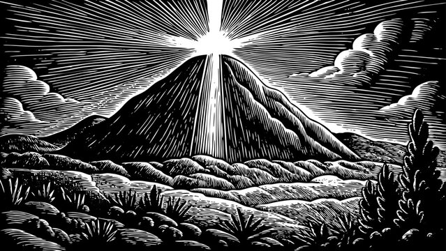 Mount Sinai as described in Abrahamic texts, with divine light descending upon its summit — a black and white line art illustration