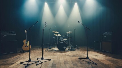 Empty music stage with microphones, guitar, and drums under cool backlighting and soft haze, ready for a live performance