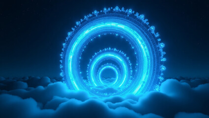 Glowing Blue Rings Portal in Clouds Abstract Digital Art