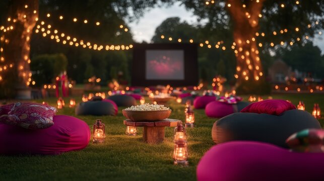 Cozy backyard movie night setup with bean bags, blankets, string lights, and popcorn under evening sky, perfect for outdoor relaxing and entertainment