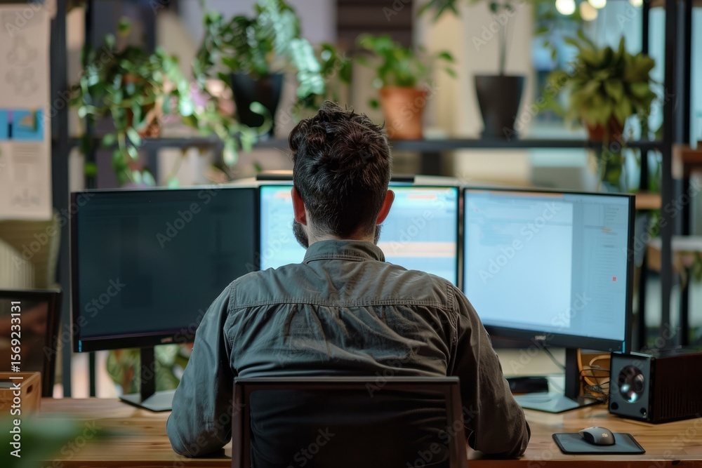 Poster software developer concentrating on coding, using multiple monitors in a contemporary office filled 