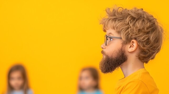 Funny Boy with Beard and Glasses on Yellow Background