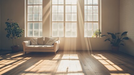Bright modern loft living room with large windows, minimalist sofa, potted plants, polished wooden floor, and warm natural sunlight creating a cozy, airy atmosphere