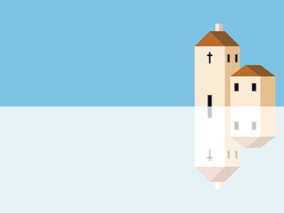 Minimalist Church Illustration with Reflection on River with Copy Space.