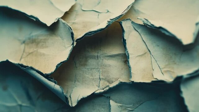 A close-up view of a peeling piece of paper with fibers and texture visible