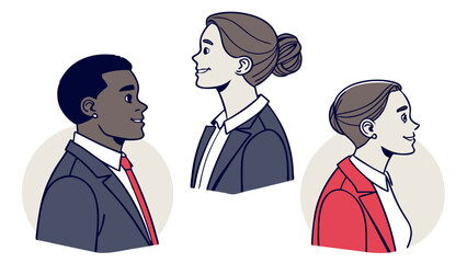 Diverse business professionals in profile view a black man and two white women dressed in smart suits and smiling confidently representing teamwork and collaboration in the workplace