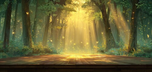 Sunlight streams through a mystical forest, with a wooden platform in the foreground