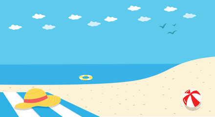 Flat Summer Beach Scene Vector with Hat, Ball, and Ocean View
