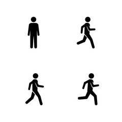 Simple black silhouettes depicting a standing person and three running figures.