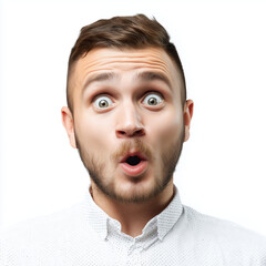 Fototapeta premium Surprised young man with light brown hair and striking green eyes expressing astonishment against a white background