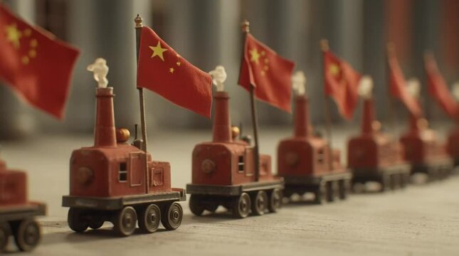 A line of toy trains with chinese flags and smoke stacks in a blurred background setting indoors