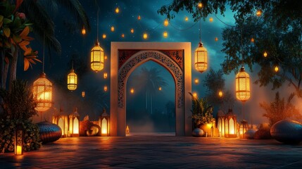 Fototapeta premium Happy Eid! A festive arch decorated with Arabic designs and lanterns. 