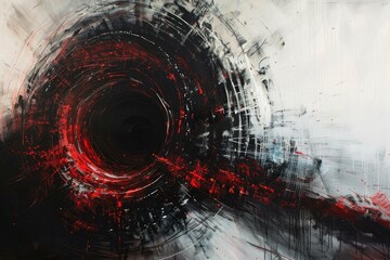 Abstract painting featuring dynamic swirls of red and black merging with a white background, creating a sense of depth and movement