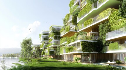 Modern buildings with green balconies; environmentally friendly design. 