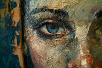 Close up of an oil painting featuring a captivating blue eye, showcasing the artist's expressive impasto technique