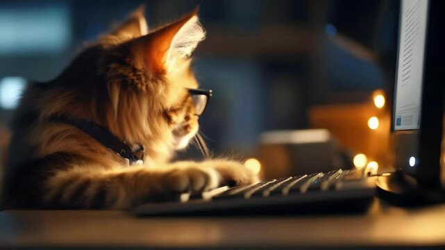 A cat wearing glasses typing on a keyboard, seemingly focused on a computer screen, in a cozy, dimly lit environment.