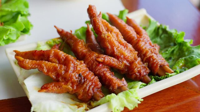 Glossy, slow-braised chicken feet coated in spicy sauce and signature tiger-skin texture&mdash;presented on a bed of fresh lettuce for visual and flavor contrast.
