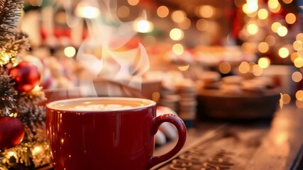 A red cup of steaming coffee or hot chocolate at a christmas market with festive lights in the background. Cozy holiday scene. Use for winter cafe menus and seasonal promotions - Powered by Adobe