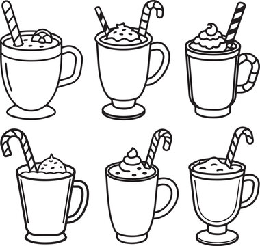 set of festive cocoa or eggnog with candy line art, black outline, vector and illustration, coloring book page line art drawing