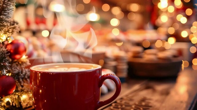 A red cup of steaming coffee or hot chocolate at a christmas market with festive lights in the background. Cozy holiday scene. Use for winter cafe menus and seasonal promotions