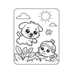 Jumping in a Pile of Autumn Leaves – Fun Fall Coloring Page for Kids, autumn leaves coloring page, fall kids activity coloring, seasonal coloring page children, jumping in leaves coloring,  vector art